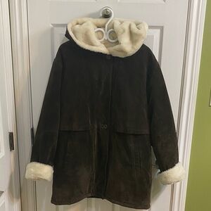 J.G. HOOK Brown SUEDE LEATHER Faux FUR LINED COAT Y2K Vintage Jacket Hood Large
